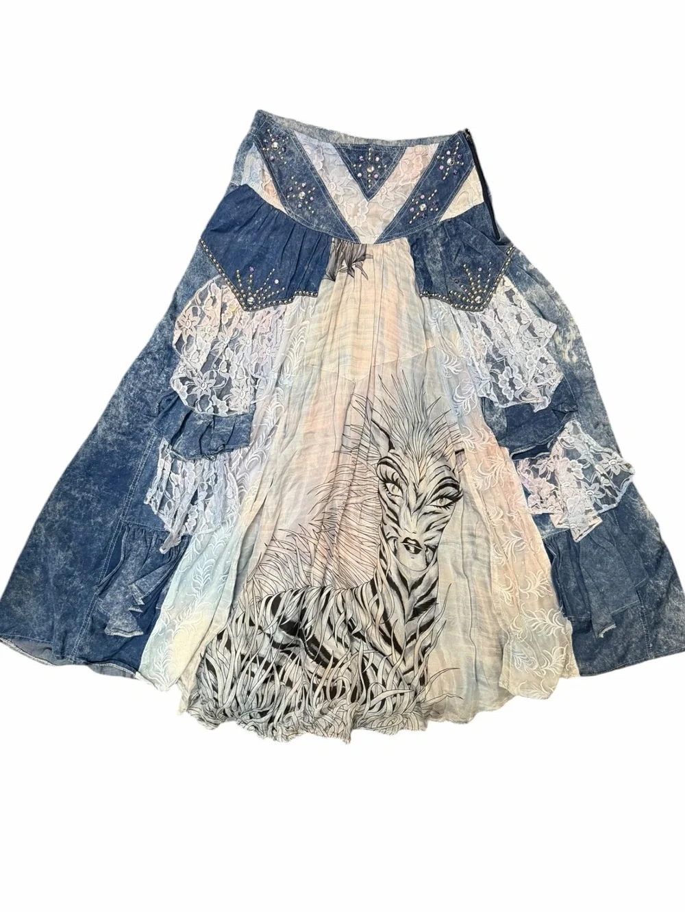 Handmade Wearable Art Zebra Woman Denim Lace Patchwork Maxi Skirt Boho M Gypsy